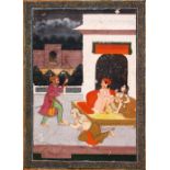 AN 18TH CENTURY MUGHAL INDIAN EROTIC MINIATURE PAINTING, depicting a conflicting erotic scene,