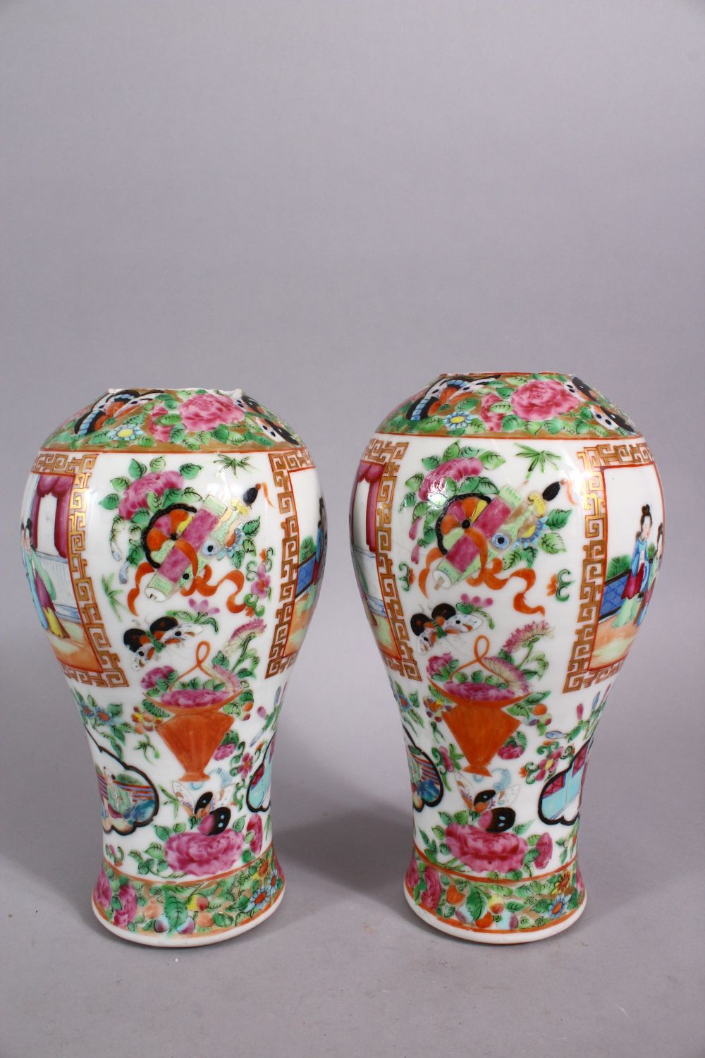 A PAIR OF 19TH CENTURY CHINESE FAMILLE ROSE CANTON PORCELAIN MEIPING VASES, each decorated with - Image 2 of 6