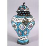 A 19TH CENTURY ISLAMIC TURKISH ENAMEL CALLIGRAPHIC VASE & COVER, with a blue ground with panels of