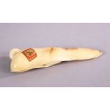 A JAPANESE MEIJI PERIOD CARVED IVORY NETSUKE OF BEANS - artist signed, old collectors label, 8cm.