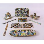 A CHINESE CLOISONNE TWELVE PIECE DESK SET, Comprising a letter rack, inkwell, letter opener,