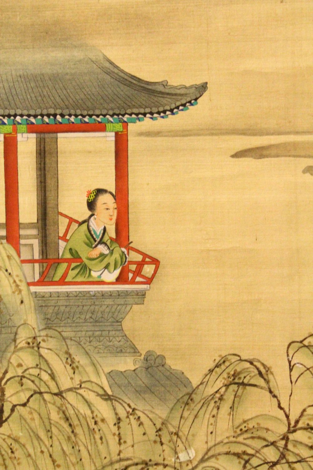 A CHINESE SCROLL PAINTING ON SILK OF FIGURES IN BALCONY'S - LENG MEI - the scroll with two paintings - Image 2 of 8