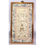 A 19TH CENTURY CHINESE EMBROIDERED PICTURE OF FIGURES IN LANDSCAPES AND NATIVE FLORA, Framed 17cm