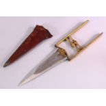 A FINE 18TH CENTURY MUGHAL INDIAN GOLD INLAID WATERED STEEL KATAR DAGGER IN SCABBARD, the 34cm.
