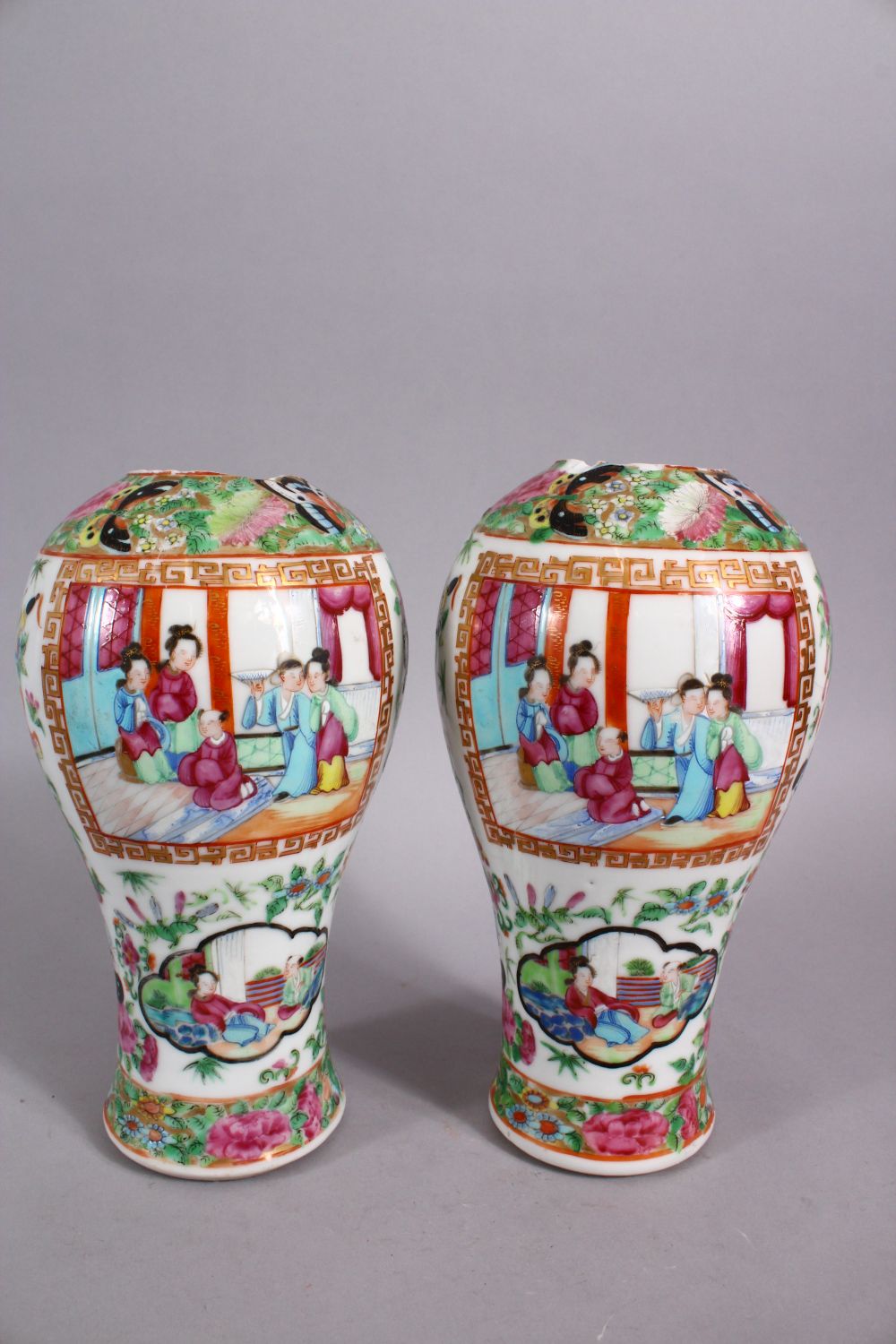 A PAIR OF 19TH CENTURY CHINESE FAMILLE ROSE CANTON PORCELAIN MEIPING VASES, each decorated with - Image 3 of 6