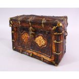 A RARE 16TH / 17TH CENTURY TIBETAN BRASS MOUNTED LACQUERED LEATHER LIDDED BOX, with metal mounts and