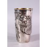 A 19TH CENTURY CHINESE SILVER DRAGON BEAKER, with on laid silver dragon decoration, the base with an