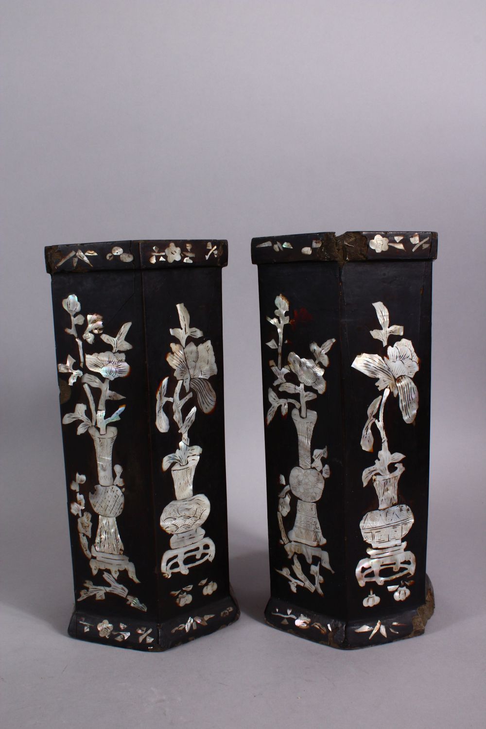 A PAIR OF 19TH CENTURY CHINESE HEXAGONAL CARVED WOODEN INLAID MOTHER OF PEARL VASES, inlaid with - Image 2 of 5