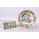TWO 19TH CENTURY CHINESE CANTON FAMILLE ROSE PORCELAIN ITEMS, A lidded box & cover, decorated with