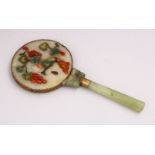 A 19TH / 20TH CENTURY CHINESE CARVED JADE / HARDSTONE MIRROR, the handle cylindrical formed, the top