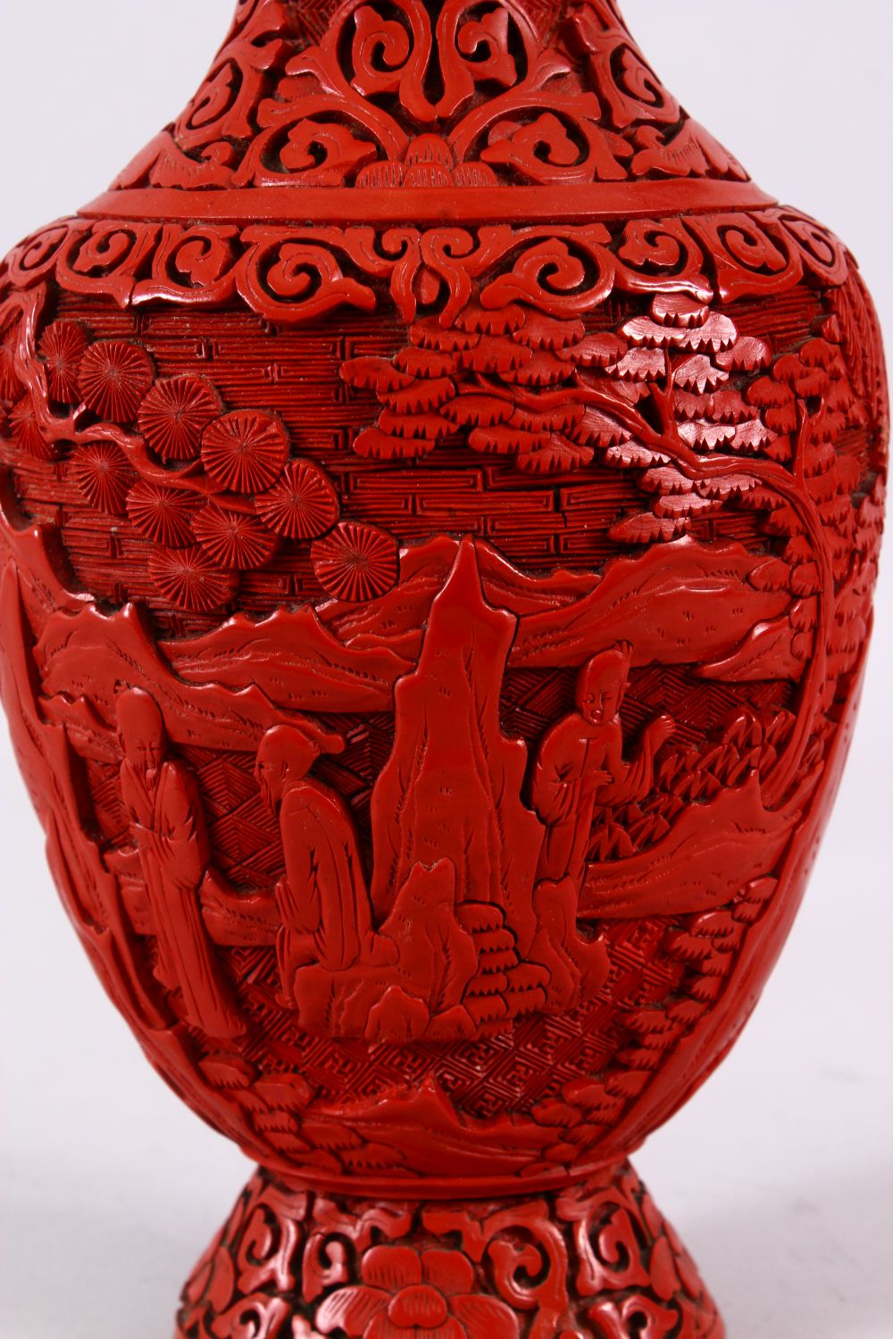 A 19TH / 20TH CENTURY CHINESE CINNABAR LACQUER VASE, decorated with figures in a landscape with - Image 2 of 6