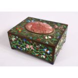 A GOOD CHINESE QING DYNASTY BRONZE, ENAMEL AND ROSE QUARTZ INLAID BOX, the box with a carved inset
