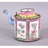 A 19TH CENTURY CHINESE ENAMEL TEA POT, with panel decoration of birds and flora, the base with