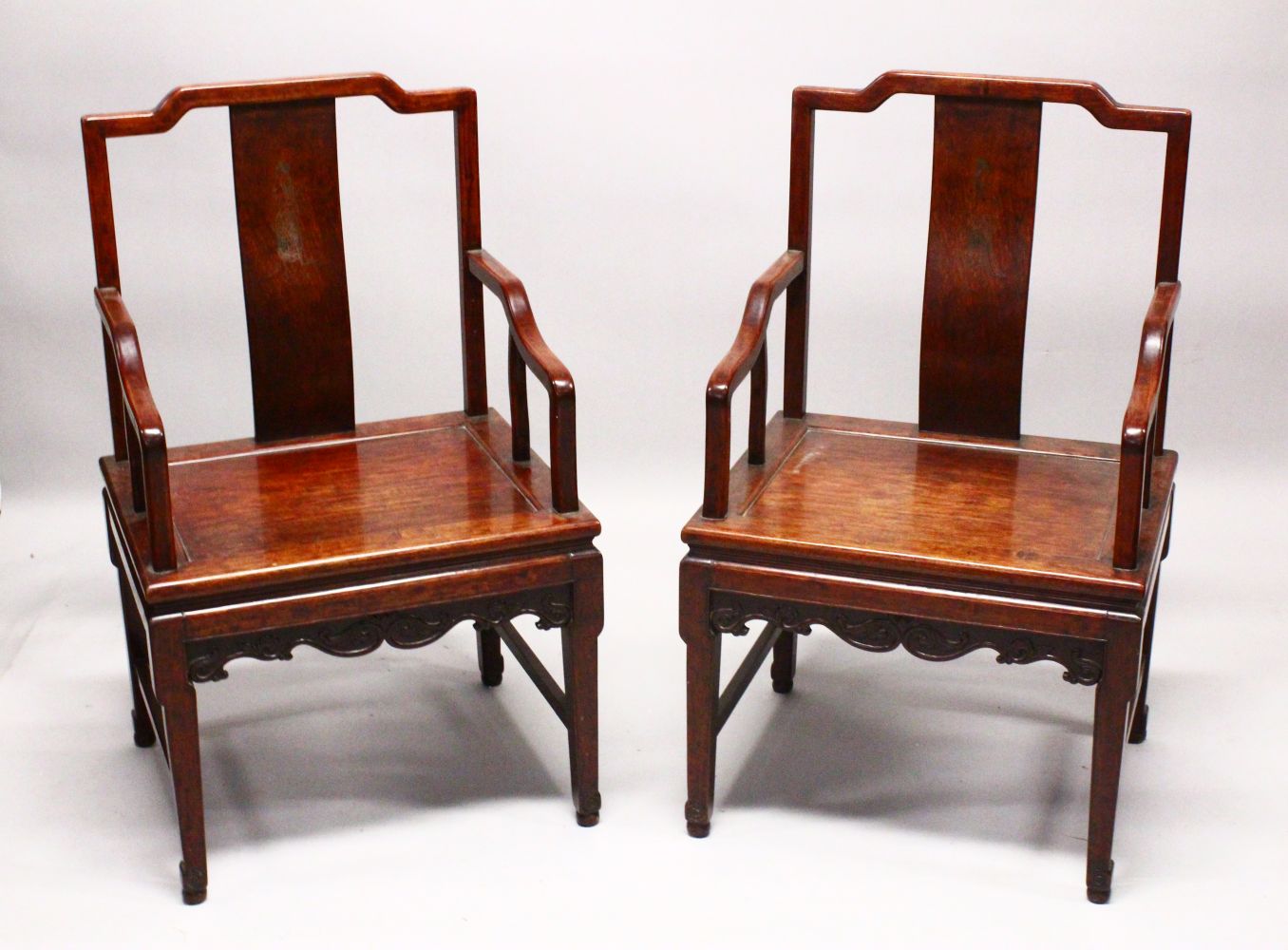 A PAIR OF HEAVY 19TH CENTURY JAPANESE CARVED HARDWOOD & SILVER INLAID ARM CHAIRS, The arm chairs