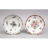 TWO 18TH CENTURY CHINESE PORCELAIN SAUCERS, One decorated in famille rose, the other grisaille, 12.