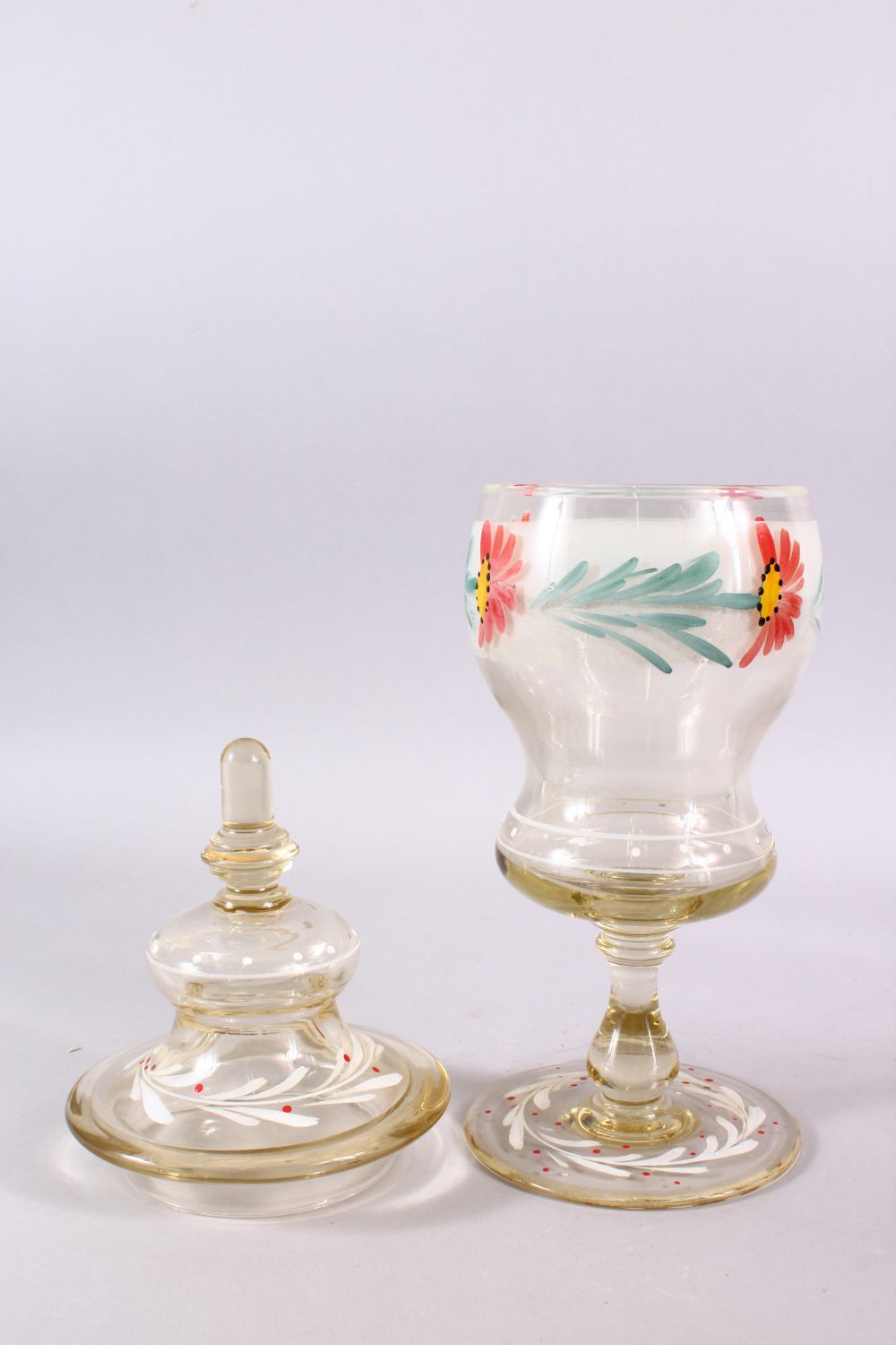 A 19TH CENTURY ENAMELED POSS MOSER GLASS VASE & COVER, with enameled floral decoration and gilt - Image 3 of 3