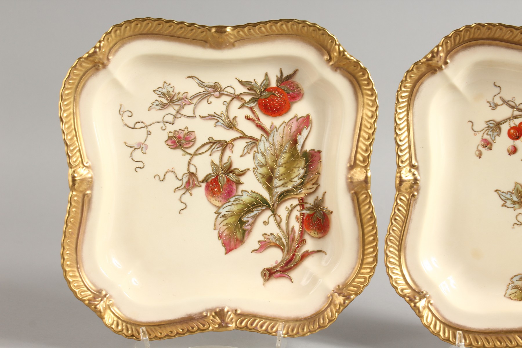 A ROYAL WORCESTER PAIR OF SQUARE DISHES of silver shape, each decorated with enamels and raised - Image 2 of 8
