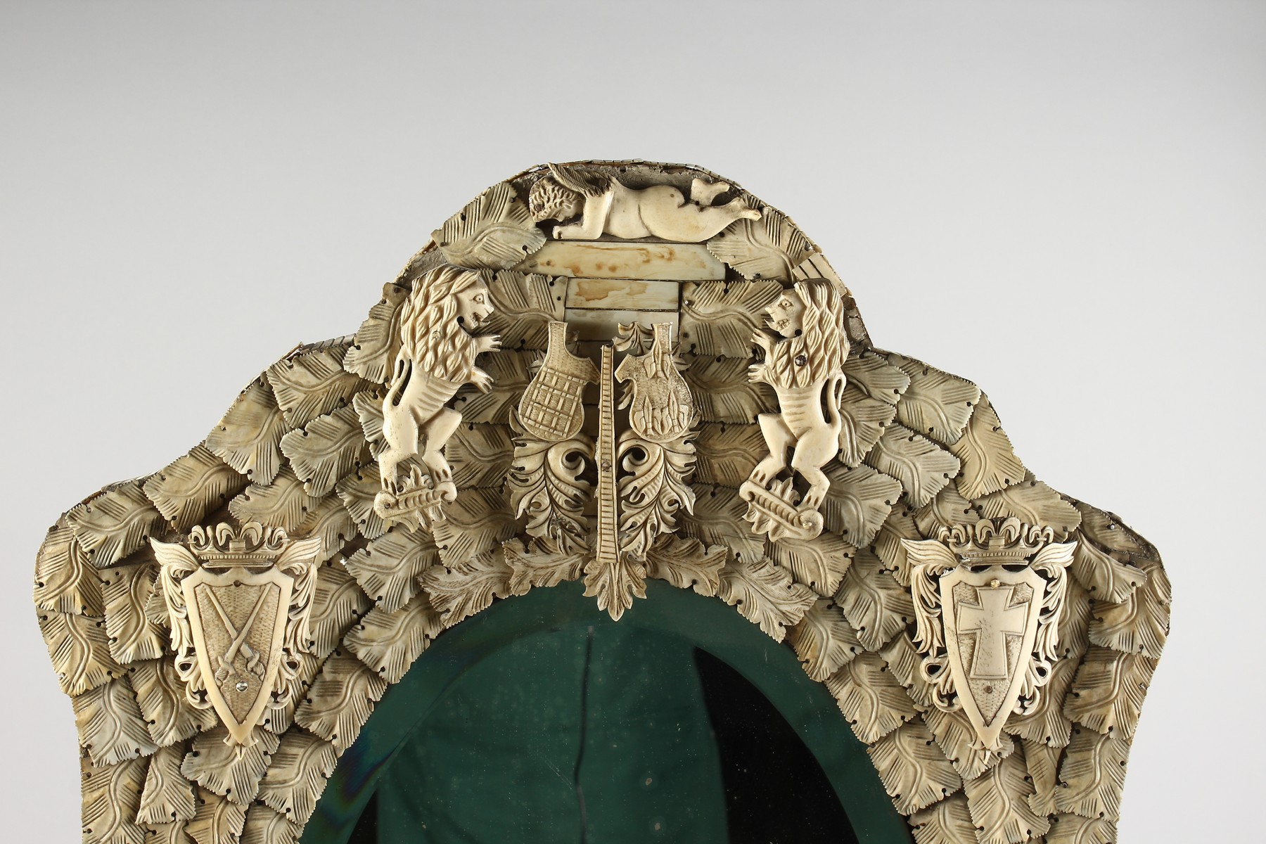 A GOOD DIEPPE PRISONER OF WAR CARVED BONE MIRROR, CIRCA. 1860, with emblems, shields, etc., with - Image 2 of 16