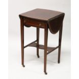 AN EDWARDIAN MAHOGANY AND SATINWOOD BANDED SMALL DROP LEAF TABLE, with a drawer to one end, tapering