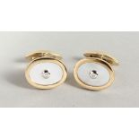 A GOOD PAIR OF 18CT YELLOW GOLD, MOTHER-OF-PEARL AND DIAMOND CUFFLINKS.