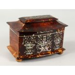 A GOOD REGENCY TORTOISESHELL TWO DIVISION BOW FRONT TEA CADDY with mother-of-pearl inlay, on four