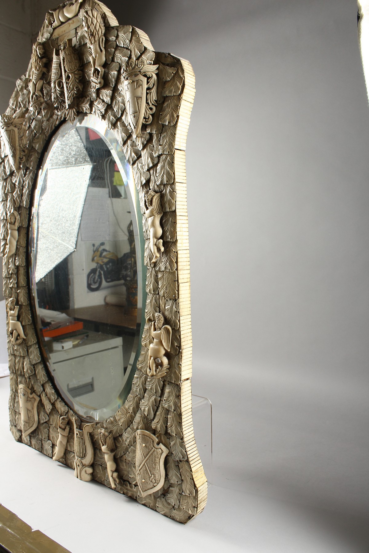 A GOOD DIEPPE PRISONER OF WAR CARVED BONE MIRROR, CIRCA. 1860, with emblems, shields, etc., with - Image 13 of 16