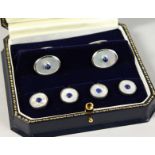 A GENTLEMAN'S SILVER, MOTHER-OF-PEARL AND LAPIS DRESS STUD AND CUFFLINKS.