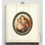 A MADONNA AND CHILD FRAMED MINIATURE. 3.5ins x 2.75ins.