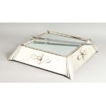 A SILVER PLATED ART DECO DESIGN MIRRORED CAKE STAND, with later storage box. Stand: 19ins x 19ins.