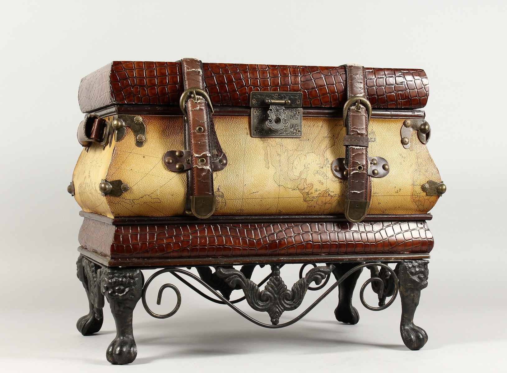 A DECORATIVE STORAGE BOX, modelled as a suitcase on stand. 18ins wide x 14.5ins high.