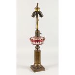 A GOOD RUBY GLASS LAMP, converted to electricity, on a column and a square base. 24ins high.