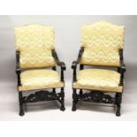 A MATCHED PAIR OF CARVED AND EBONISED JACOBEAN REVIVAL ARMCHAIRS, with upholstered backs and seats.