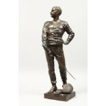 LUCA MADRASSI (1848-1919) ITALIAN THE FENCER. A GOOD BRONZE OF A MAN holding a foil, face guard