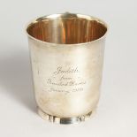 A PLAIN SILVER CHRISTENING MUG with engraved lettering. Birmingham 1937.