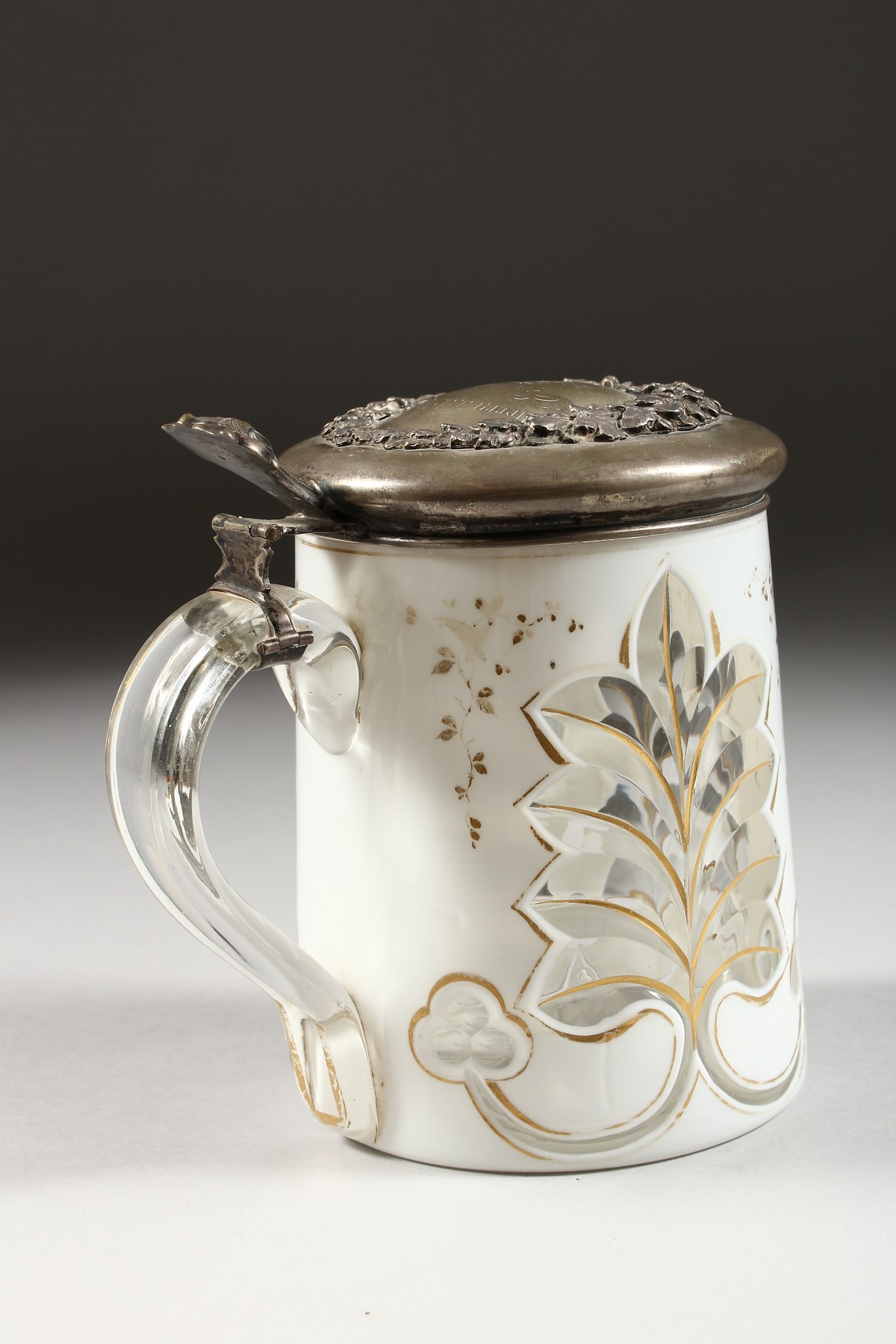 A GOOD BOHEMIAN WHITE OVERLAY TANKARD with silver top. - Image 3 of 6