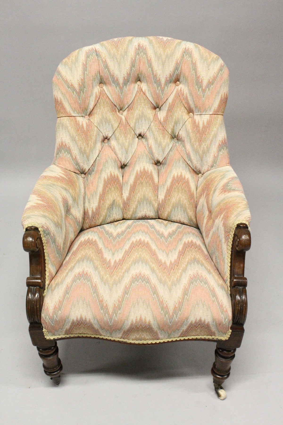 A 19TH CENTURY MAHOGANY FRAMED BUTTON UPHOLSTERED ARMCHAIR, with carved "C Scroll" arm caps, - Image 3 of 10