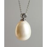 A SUPERB 18CT WHITE GOLD, PEARL AND DIAMOND PENDANT on chain.