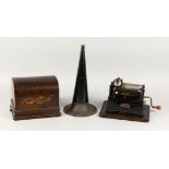 AN EDISON GEM PHONOGRAPH with black japanned trumpet shaped horn.