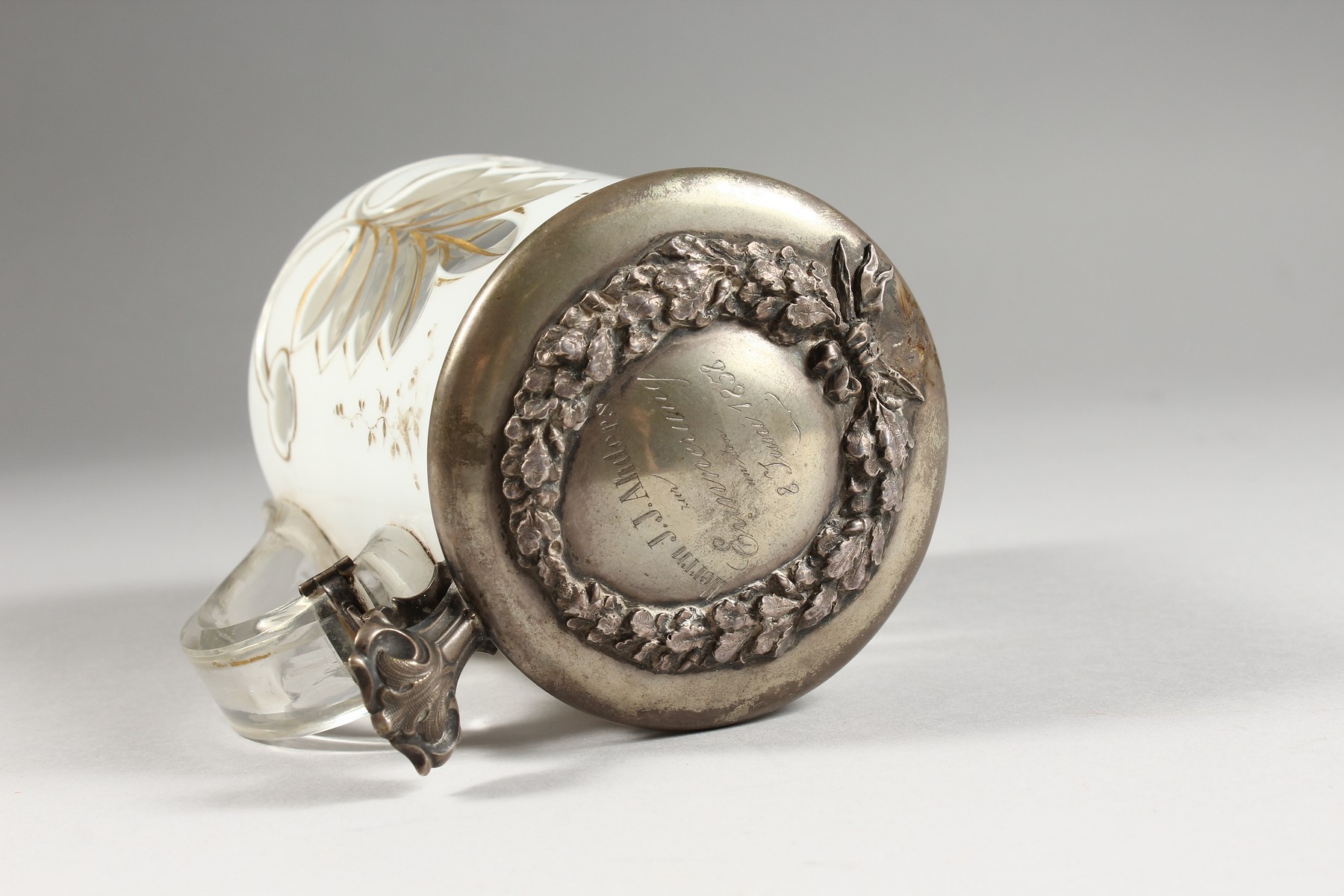 A GOOD BOHEMIAN WHITE OVERLAY TANKARD with silver top. - Image 6 of 6