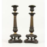 A PAIR OF LATE 19TH CENTURY BRONZE CANDLESTICKS of classical form, on three curving legs with