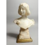 A VERY GOOD LATE 19TH CENTURY CARVED ALABASTER BUST OF A YOUNG GIRL wearing a rose, on a square