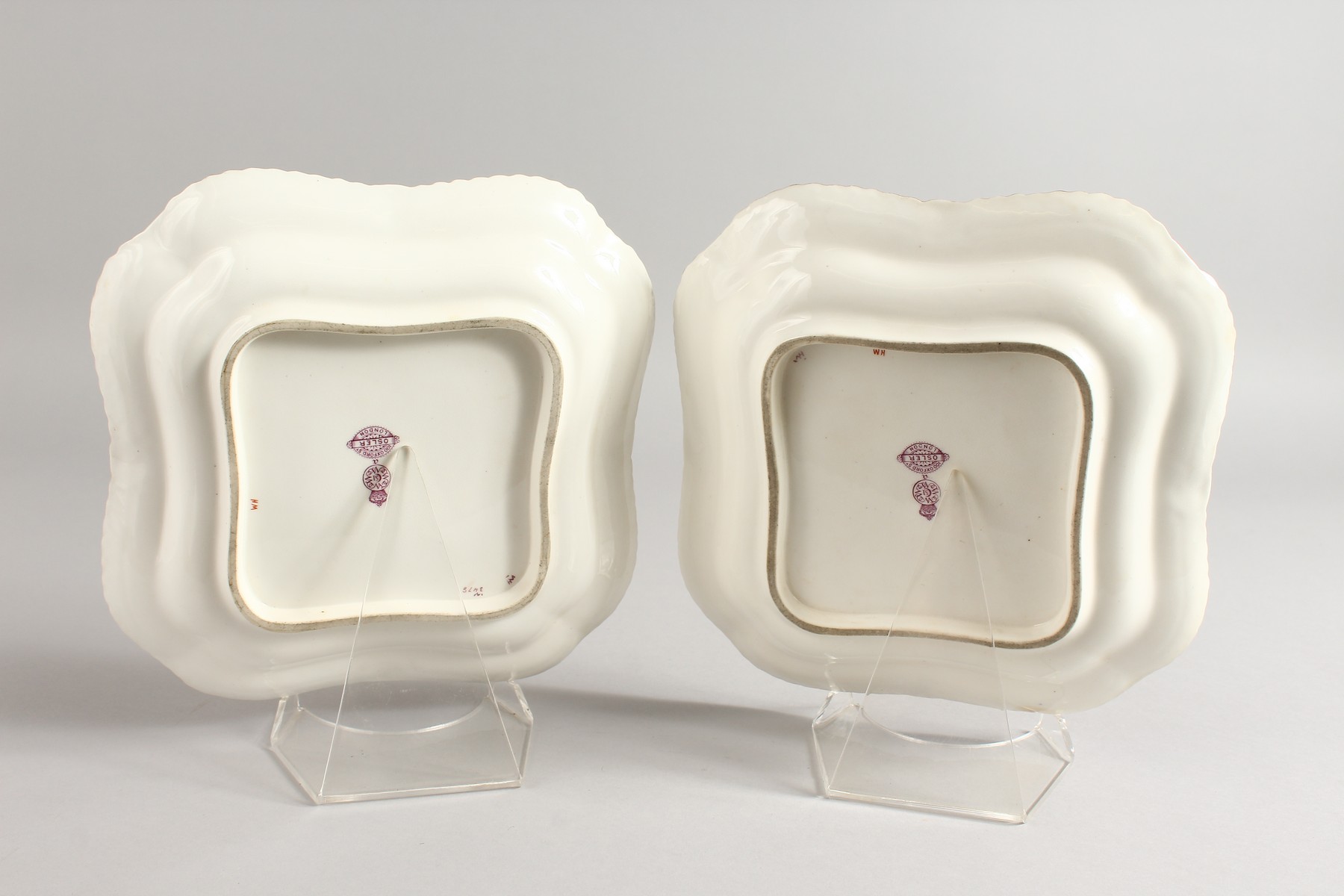 A ROYAL WORCESTER PAIR OF SQUARE DISHES of silver shape, each decorated with enamels and raised - Image 4 of 8