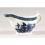 A WORCESTER BLUE AND WHITE SAUCEBOAT, Fisherman and Cormorant. 7ins long.