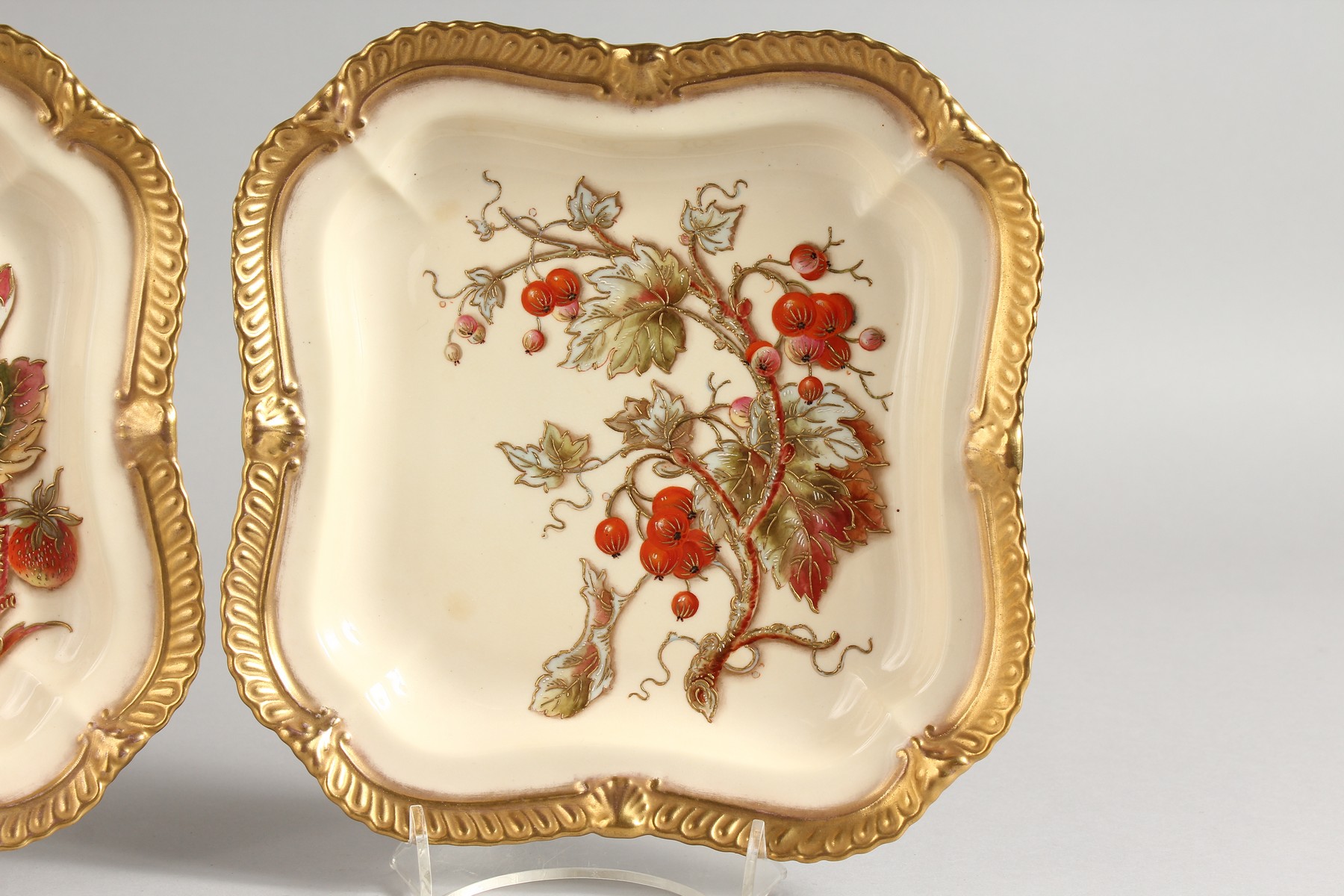 A ROYAL WORCESTER PAIR OF SQUARE DISHES of silver shape, each decorated with enamels and raised - Image 3 of 8