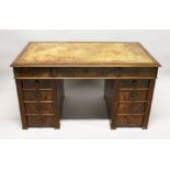 A RECTANGULAR TOP MAHOGANY PEDESTAL DESK, with inset leather top, three frieze drawers and three