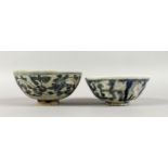 TWO KANGXI PERIOD SHIPWRECK BLUE AND WHITE BOWLS. 5.5ins diameter.