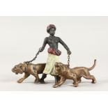 A VIENNA COLD CAST PAINTED BRONZE ARAB WITH TWO LIONS. 4ins.