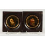A PAIR OF 19TH CENTURY CIRCULAR PORTRAIT MINIATURES OF BEARDED MEN. 5.5ins square.