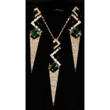 A PAIR OF SILVER AND GOLD PLATED ART DECO STYLE DROP EARRINGS AND PENDANT.