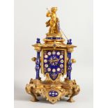 A VERY GOOD 19TH CENTURY FRENCH GILT BRONZE AND BLUE ENAMEL CLOCK, striking on a single bell, with